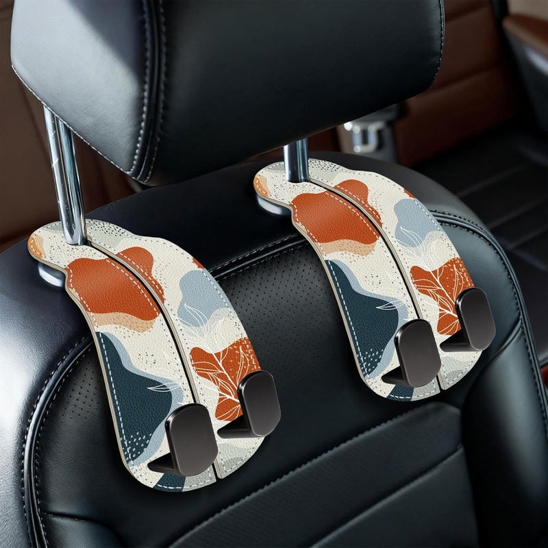 Blusabaca 2PCS Car Seat Back Storage Headrest Hooks, Abstract Leaves Purse Holder Bags Hanger, PU Leather Double Metal Hook for Backseat Organizer, Women Car Accessories Organization - Image 1